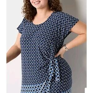 Robbie Bee Womens Short Sleeve Geometric Sheath Dress Plus 1X MSP $89 Blue